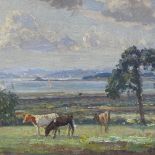 Attributed to Mark Fisher, oil on board, cattle in a landscape, unsigned, 13.5" x 20", framed