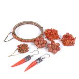 Various coral jewellery, including double-row hinged bangle, brooch, earrings etc, 59.3g total