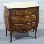 A French kingwood and marquetry inlaid bombe commode of small size, with shaped marble top, width