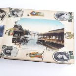 A Japanese gilded and lacquered album, containing early 20th century postcards and scraps, album