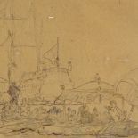 Sir Frank Brangwyn, pen and ink sketch, busy harbour scene, 6.5" x 11", mounted