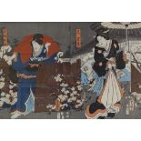 Toyokuni (1786 - 1864), woodblock print on 2 sheets, 2 actors, 13.5" x 19", framed