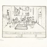 Lazlo Nagy, engraving, interior scene, signed in pencil, plate size 3" x 4.25", mounted