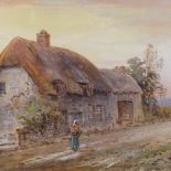 E Devis, 19th century watercolour, woman outside a thatched country cottage, signed, 7" x 10",