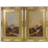 A pair of oils on board circa 1900, Highland landscapes, indistinctly signed, 18" x 10", framed