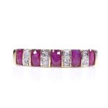 A 9ct gold ruby and diamond half-hoop ring, setting height 4.4mm, size U, 3.3g
