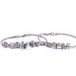 2 silver charm bracelets with 12 various charms, 67.9g total (2)