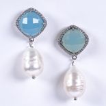 A pair of sterling silver pearl chrysoprase and cubic zirconia cluster drop earrings, with stud