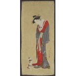 Japanese colour woodblock print, woman with a dog, signed, sheet size 15.5" x 7", unframed