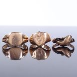 2 9ct gold signet rings, sizes T and K, together with a 9ct snake ring (A/F), 8.6g total (3)