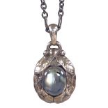 A Georg Jensen Danish sterling silver and cabochon moonstone pendant necklace, with engraved leaf