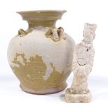 A Chinese Tang style pottery jar, height 20cm, and a pottery standing figure (2)