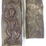 A pair of Oriental bronze furniture mounts with relief-embossed Buddha designs, largest height 41cm