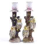 A pair of Continental porcelain owl design candlesticks, impressed marks to the base, height 18.5cm