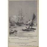 Charles Dixon, monochrome watercolour, busy docklands scene, used as an original invitation to an