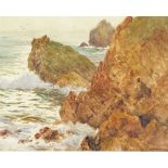 William Parkyn (1875 - 1949), watercolour, rocks on the coast, 9" x 13", and E J Stone, watercolour,