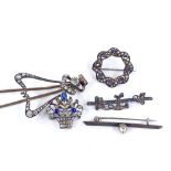 Various silver and stone set jewellery, including paste hat pin (5)