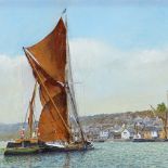 John Cotgrove, oil on canvas, sailing barges off Bell Wharf Leigh, 16" x 22", framed