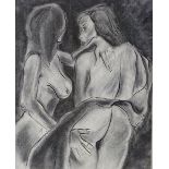 Pair of pencil/charcoal drawings, erotic studies, indistinctly signed and dated, 10" x 8", framed