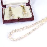 A graduated single strand Princess pearl necklace, with 9ct gold turquoise and split-pearl clasp,