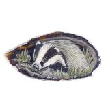 A sterling silver-mounted banded agate hand painted badger brooch, by Jan Smith 1993, brooch