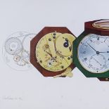 A set of 3 limited edition colour prints of clock and watch movements, by David Penney, 1981, from