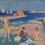 Oil on canvas board, bathers in harbour, unsigned, 20" x 24", framed