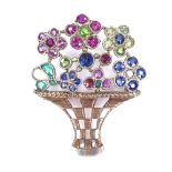 A 9ct gold gemstone set bunch of flowers brooch, set with sapphires, rubies, emeralds, opals,