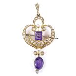 A Victorian unmarked gold amethyst and split-pearl pendant/brooch, stylised openwork settings,
