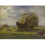 19th/20th century oil on board, hay cart in a landscape, unsigned, 12" x 14", framed