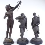 A pair of spelter soldiers, circa 1900, on marble plinth bases, height 39cm, and a bronze