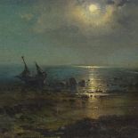 19th century oil on panel, moonlit shore scene, unsigned, 9" x 12", framed