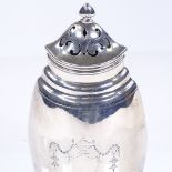 A navette-shaped silver sugar shaker, with Adams style bright-cut decoration, by Goldsmiths &