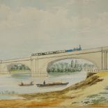 19th century watercolour, steam locomotive crossing a river bridge, unsigned, 11" x 19", framed