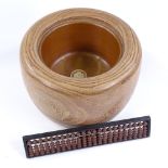 A Japanese stained wood hibachi bowl, diameter 31cm, height 21cm, and a soroban