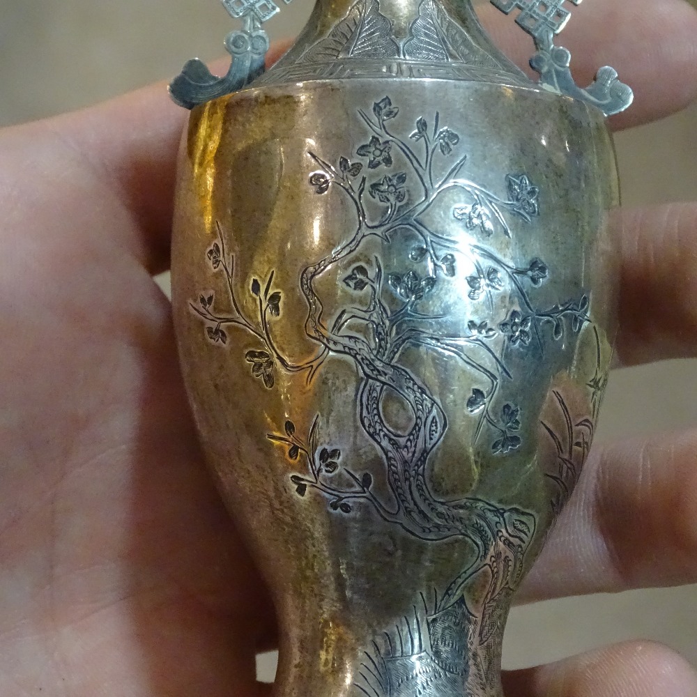 A pair of miniature Chinese silver vases, with bright-cut tree decoration and Greek key borders, - Image 5 of 11