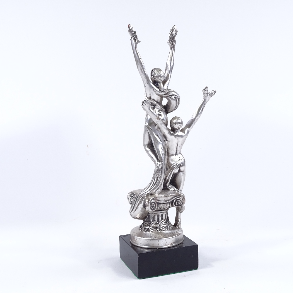 A silver patinated bronze Classical sculpture depicting 2 figures holding laurel wreaths, on - Image 3 of 3