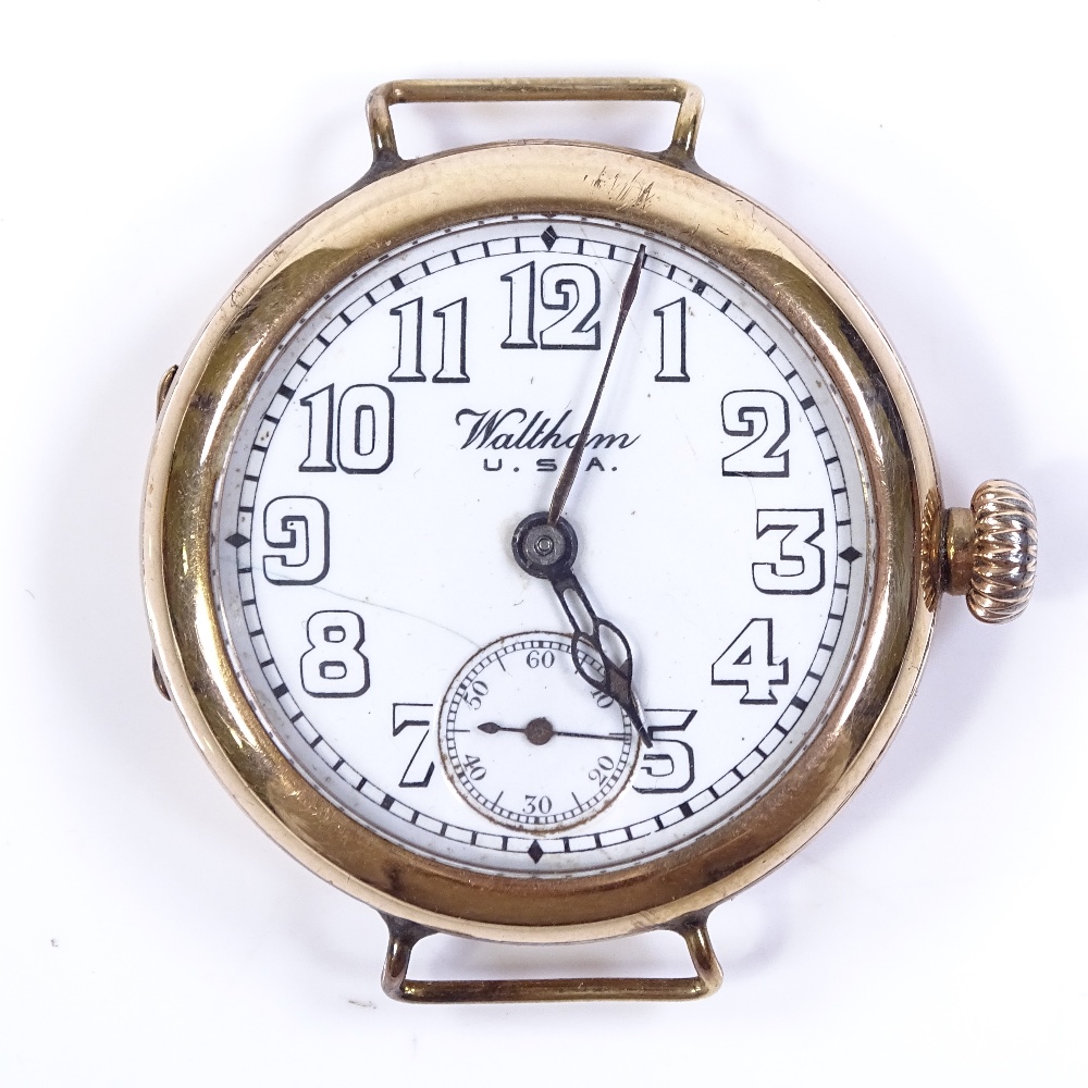 WALTHAM - a First War Period 9ct gold mechanical wristwatch, white dial with Arabic hour numerals
