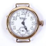 WALTHAM - a First War Period 9ct gold mechanical wristwatch, white dial with Arabic hour numerals