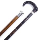 A sectional horn walking stick, and a silver-topped snakewood walking cane