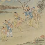 Chinese School, watercolour on silk, a scholar and pupils with text inscription, 19" x 14", framed