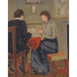 Oil on board, 2 figures in an interior, unsigned, 19" x 15", framed