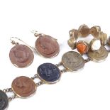 A suite of lava cameo jewellery, including panel bracelet, eternity ring and pair of earrings (3)