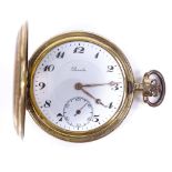 A gold plated full hunter side-wind pocket watch, by Revida, white enamel dial with Deco Arabic