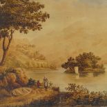 18th century watercolour, river landscape, unsigned, 16" x 22", framed