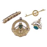 A 15ct gold stone set curb link brooch, 2.1g, together with various 9ct jewellery, including Irish