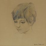 Carol Bednar, ink and watercolour, portrait of a girl, signed and dated 1957, 8" x 8", framed
