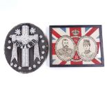 A glass bead mounted souvenir panel, height 32cm, and a 1911 Coronation commemorative flag in