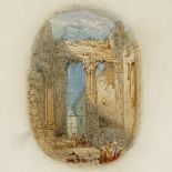 19th century miniature watercolour vignette, Classical ruins, unsigned, 2.25" x 1.75", framed