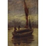 19th century oil on board, sailing barge, indistinct inscription verso, 9" x 5.5", framed